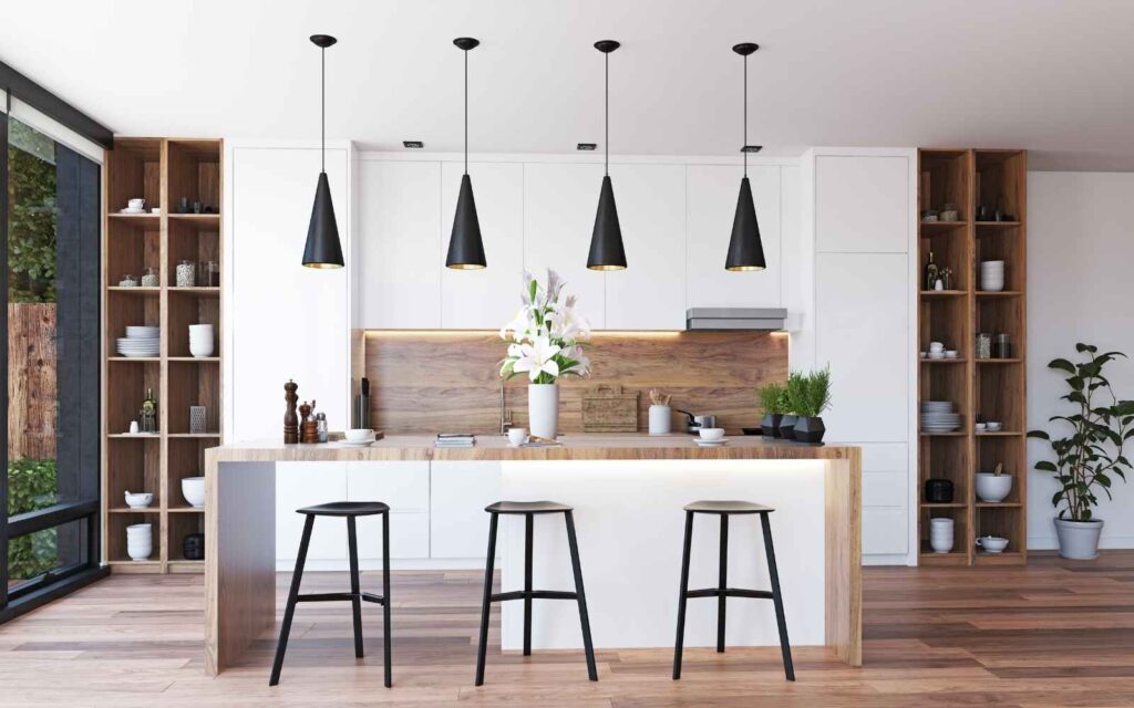 Cuisine moderne rénovée à Lanton grâce à un covering adhésif professionnel. Ambiance bois et blanc, style épuré et chaleureux.