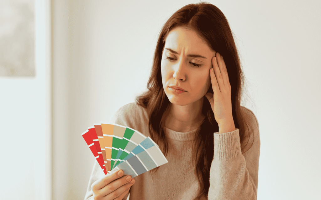 Femme regardant un nuancier de couleurs pour décorer son intérieur sur le Bassin d’Arcachon