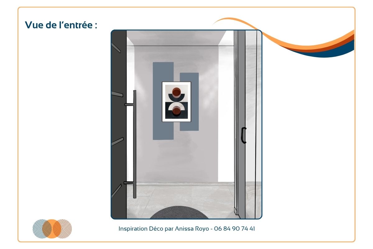 Croquis d’ambiance personnalisé pour l’entrée Croquis dessiné à la main par Anissa Royo pour illustrer l’entrée et l’harmonie de couleurs