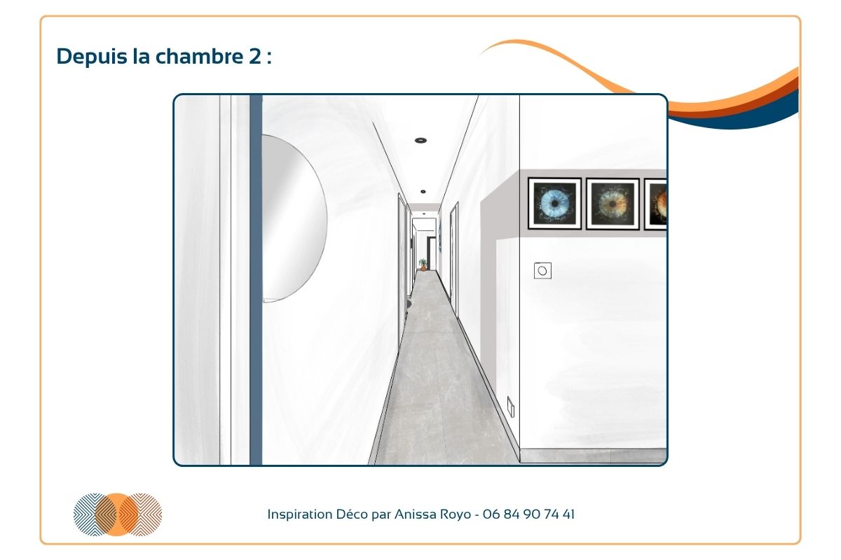 Détail peinture gris rosé dans le couloir Bande gris rosé peinte dans le couloir pour structurer l’espace et réchauffer le sol