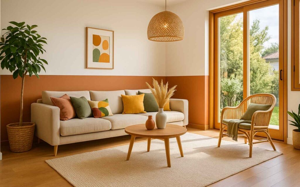 Salon chaleureux avec harmonie de couleurs terracotta, beige et vert – conseils décoration Bassin d’Arcachon