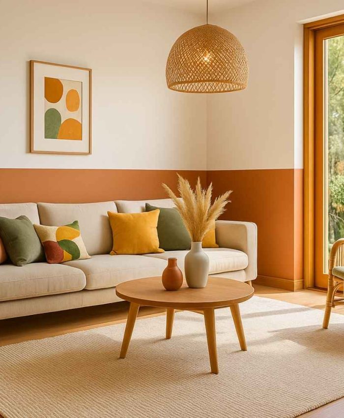 Inspiration couleur salon : une harmonie chaleureuse terracotta et vert sauge, idéale pour un intérieur lumineux au Bassin d’Arcachon.